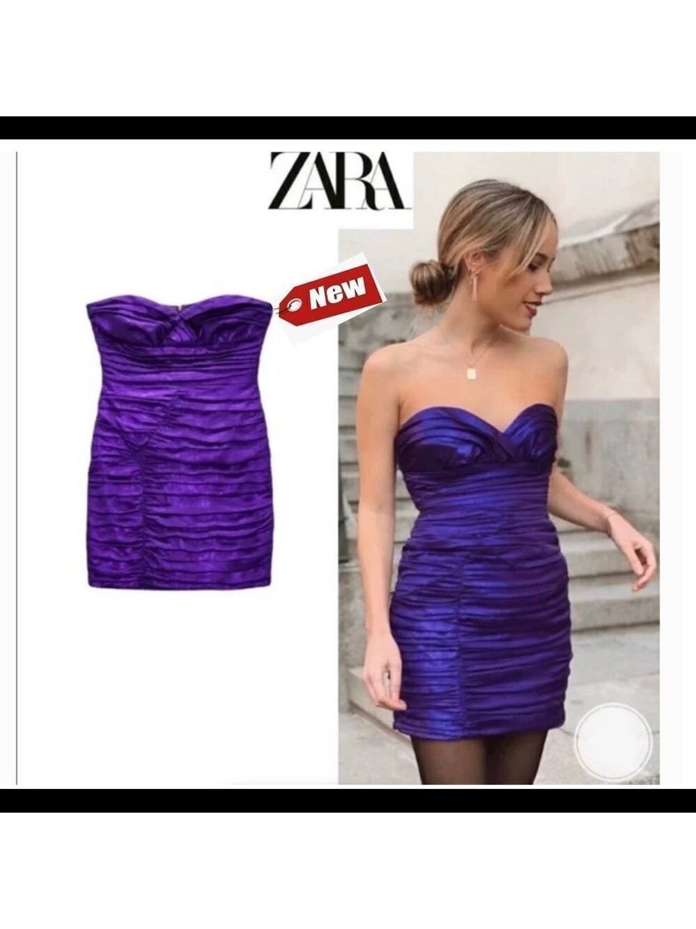 Zara purple metallic draped strapless sweetheart minidress Sz S NWT New with tag